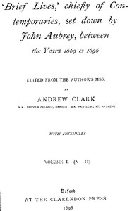 Cover of Brief Lives, Vol. 1 by John Aubrey